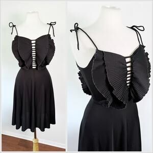 Vintage 70s Disco Mini Dress Black Tie Straps Flutter Front Ruffles // Size XS‎